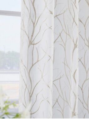 Set of 2 Twin Six Embroidered Curtains Tree Branch white tan 95 x 52 faux linen
